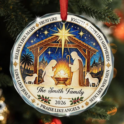 Crystal Ornament with Joseph Beside the Manger in Rich Blue, Personalized Faith Keepsake, Creative Gift for Family
