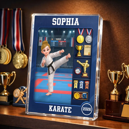 Personalized Karate Rectangle Acrylic Block Plaque, Kicking Girl Trophy Scene, Unique Creative Gift for Martial Arts Fans