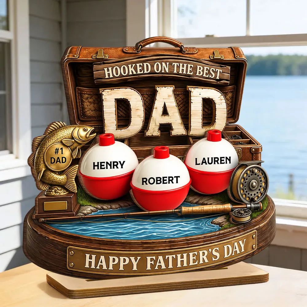 Personalized Wooden Plaque For Fishing Dad, Hooked On The Best Dad Lake Scene, Unique Father's Day Gift
