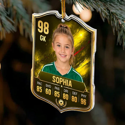 Personalized Soccer Card Acrylic Ornament, Blue and Gold Player Portrait, Unique Gift for Soccer Fans