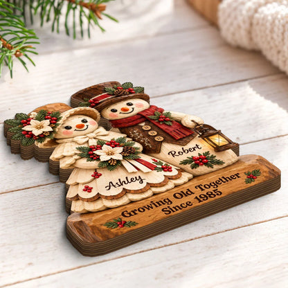 Growing Old Together Wooden Plaque, Personalized Cozy Snowman Couple, Creative Christmas Gift for Partners