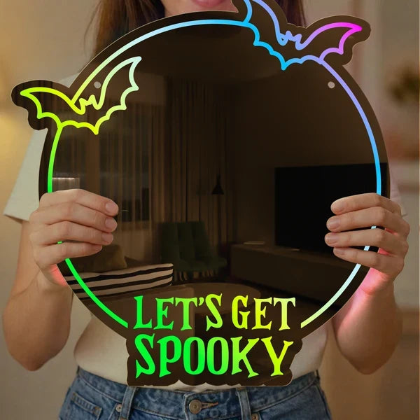 Personalized LED Acrylic Mirror, Let's Get Spooky Bats and Purple Glow for Mirror Selfies, Unique Gift for Her