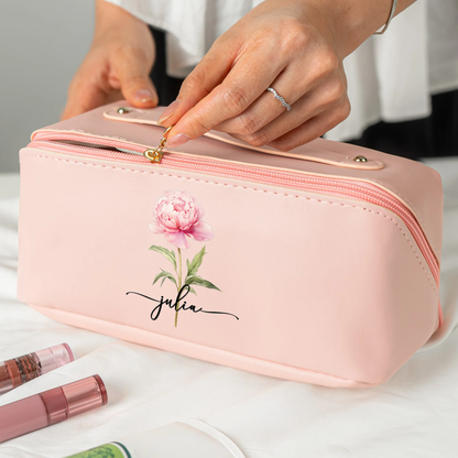 Custom Birth Flower Leather Makeup Bag – Elegant Pink Toiletry Case with Personalized Initials, Spacious Portable Storage & Thoughtful Gift Option