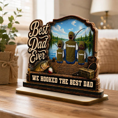 Best Dad Ever 2-Layer Wooden Plaque, Custom Fishing Lake Scene, Creative Gift for Papa