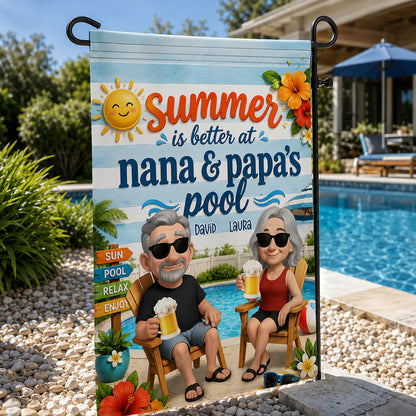 Personalized Garden Flag with Poolside Cartoon Grandparents, Unique Summer Gift for Nana & Papa