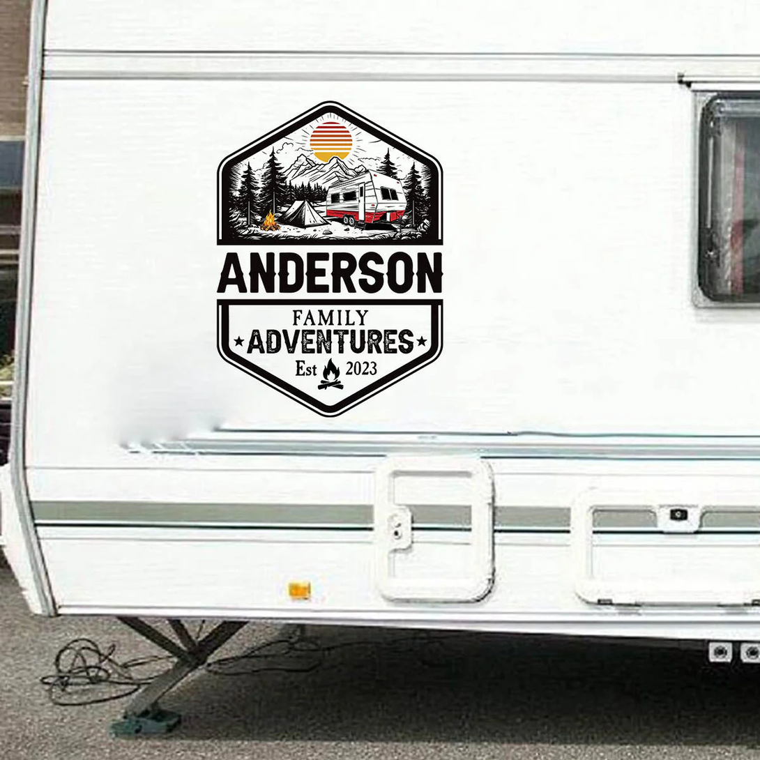 Personalized Sticker Decal for RV Camper Family Adventures Badge, Moun ...