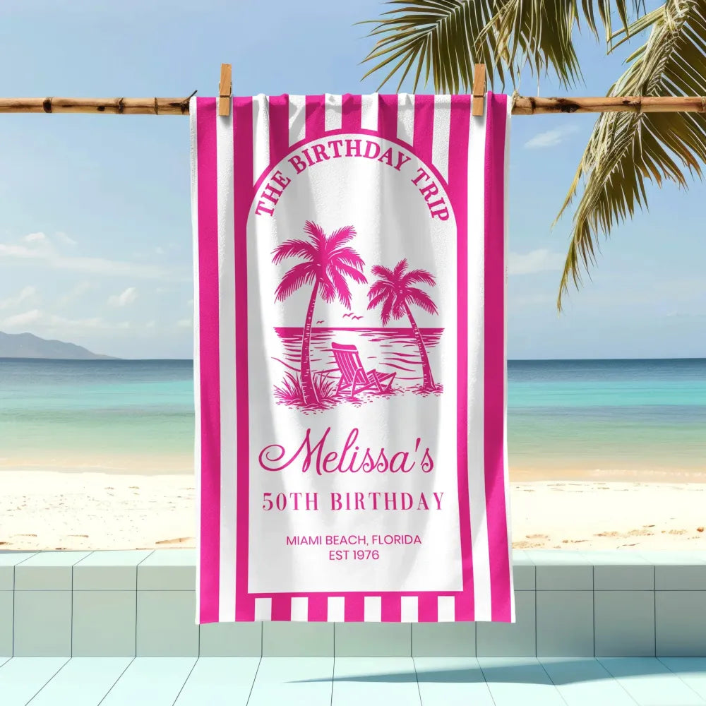 Custom Beach Towel with Pink Tropical Palms, Vacation Vibe for Beach Trip or Cruise, Thoughtful Birthday Gift