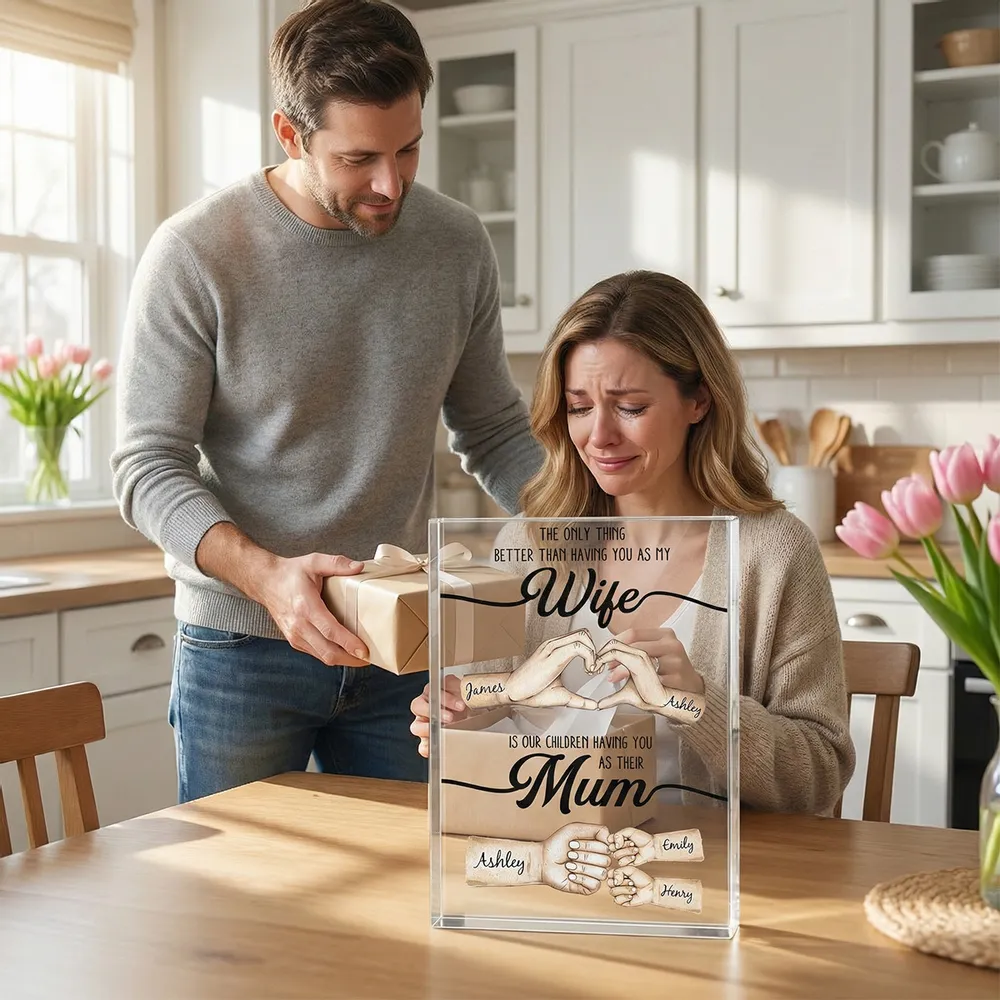 Rectangle Acrylic Block Plaque Personalized for Wife, Sweet Mom Keepsake with Hand Heart and Fist Bump Art, Unique Gift