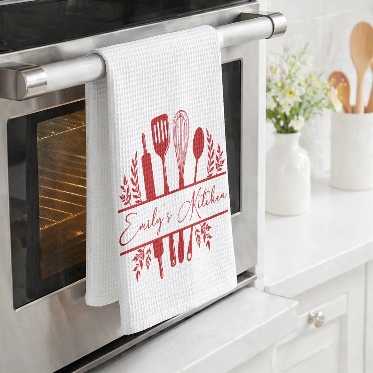 Personalized Kitchen Towel with Floral Utensil Design, Creative Housewarming Gift for Home Cooks