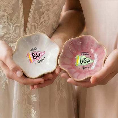 Custom School Pennant Wavy Ceramic Jewelry Dish, Personalized Pink Gingham Unique Gift for College Students