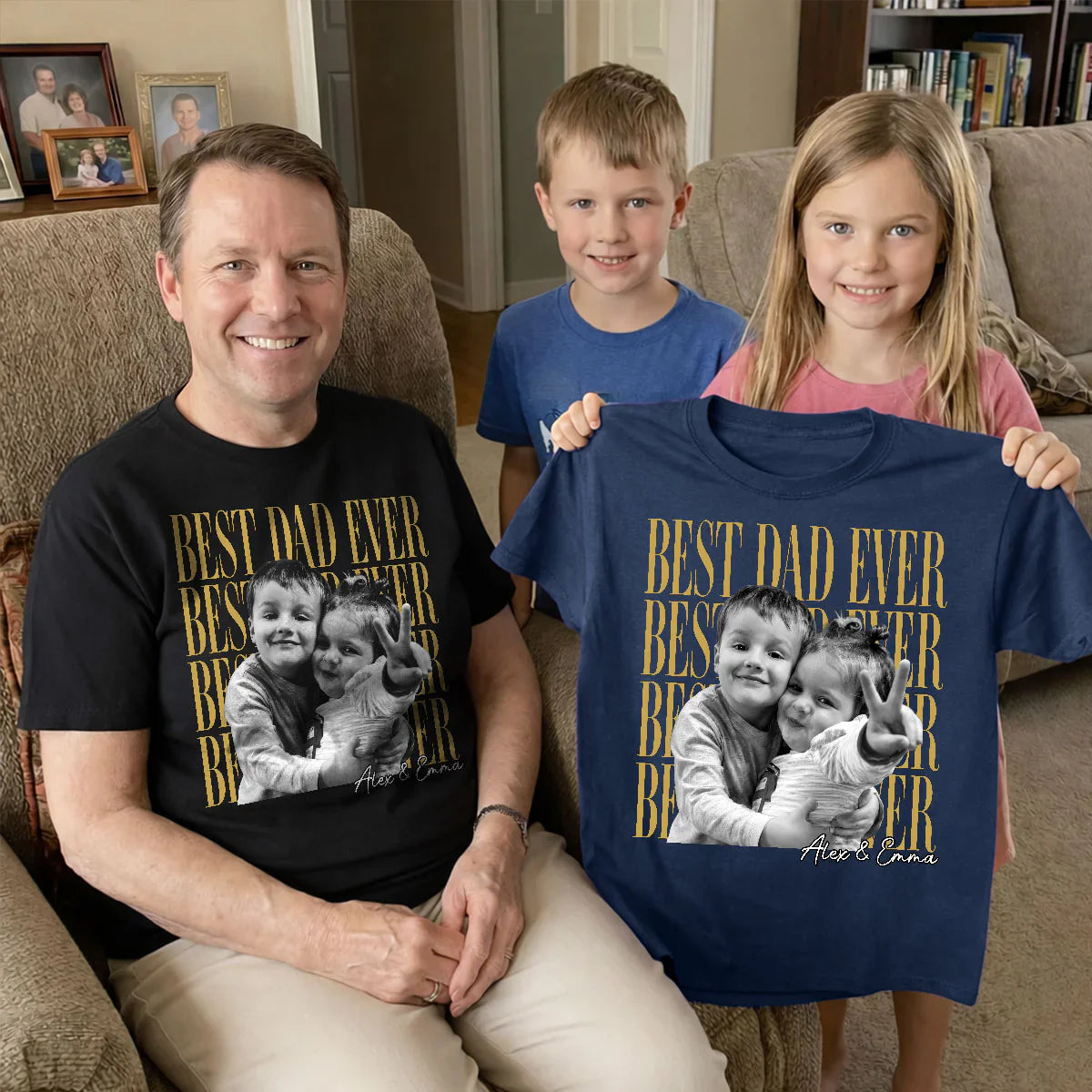 Best Dad Ever Classic Tee, Custom Photo Shirt With Playful Kids in Sunglasses, Creative Gift for Dad