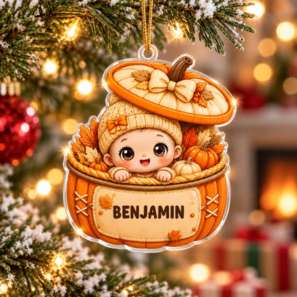 Custom Name Baby in Pumpkin Basket Ornament, Adorable Autumn Keepsake, Unique Christmas Gift for Baby's First Holiday
