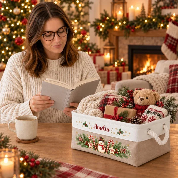 Personalized Cotton Linen Rope Basket, Gingerbread Storage by the Christmas Tree, Unique Family Gift