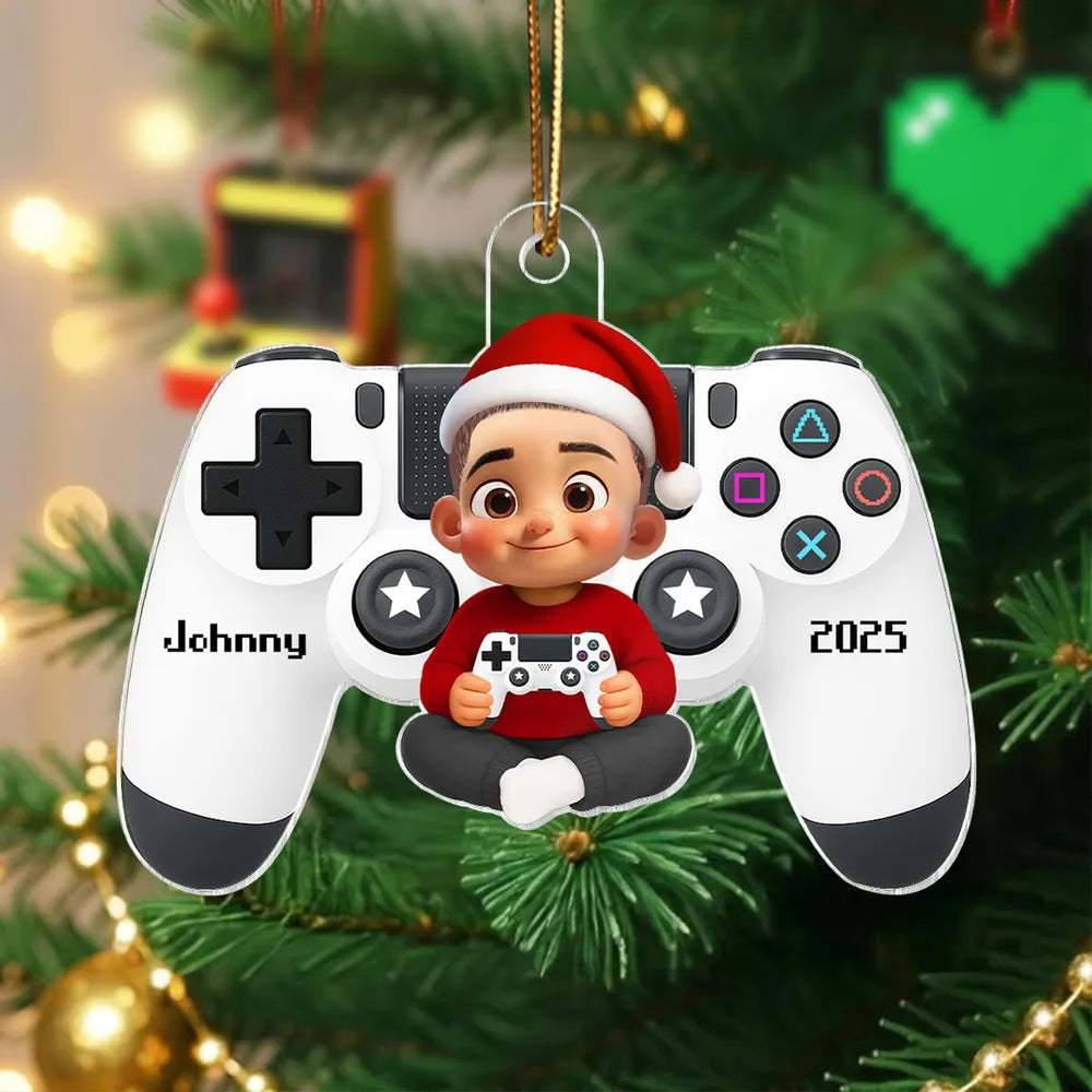 Personalized Acrylic Ornament with Cute Gamer Child Holding Console, Unique Christmas Gift for Son
