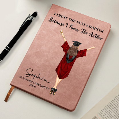 Graduation Leather Journal Personalized Gift, Cap and Gown Illustration, A Heartwarming Next Chapter Keepsake