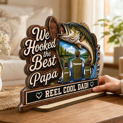 We Hooked the Best Papa 2-Layer Wooden Plaque, Warm Family Lake Scene, Creative Gift for Dad