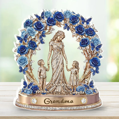 Personalized Shaped Acrylic Block Plaque with Grandma and Grandkids, Purple Rose Wreath Keepsake, Unique Gift for Grandma