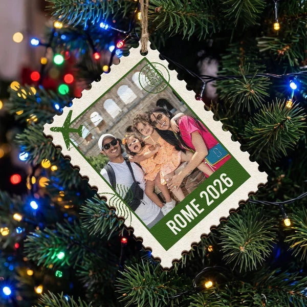 Personalized Wooden Ornament, Postage Stamp Family Travel Photo, Unique Christmas Gift for Family