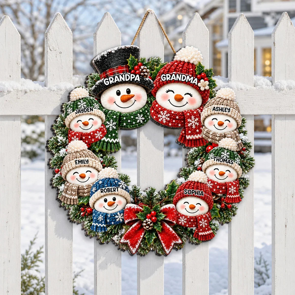 Personalized Wooden Sign with Cute Snowman Family Wreath, Unique Christmas Door Gift for Grandparents