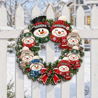 Personalized Wooden Sign with Cute Snowman Family Wreath, Unique Christmas Door Gift for Grandparents