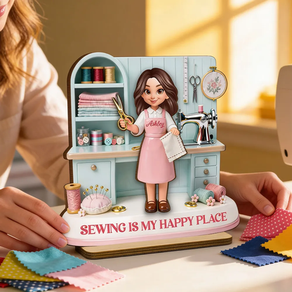 Personalized 2-Layer Wooden Plaque Sewing Is My Happy Place Cute Cartoon Sewing Room Scene, Unique Gift for Mom or Grandma