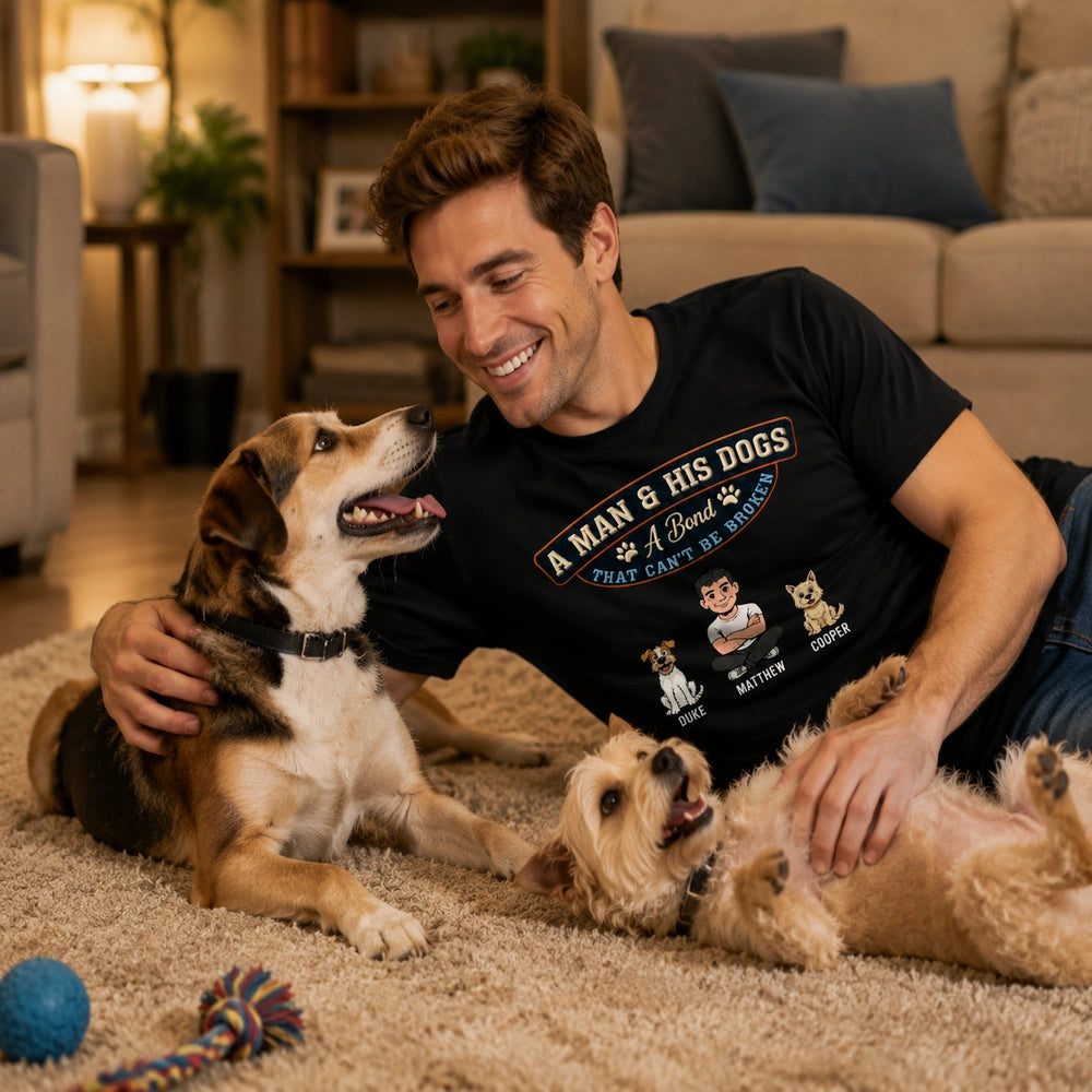Personalized Classic Tee with Man & Dogs Artwork, Unique Creative Gift for Dog Dad Walks
