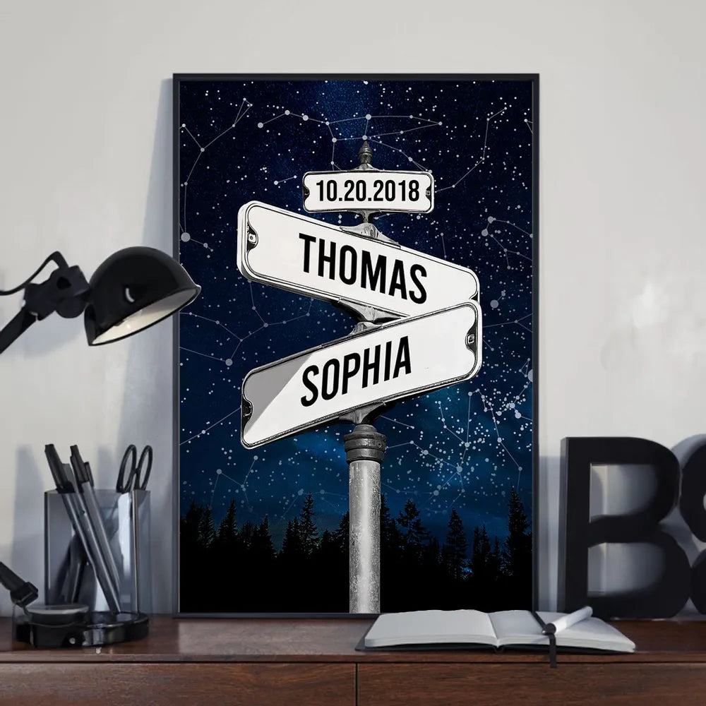 Personalized Star Map Poster with Street Sign Names, Custom Night Sky Wall Art, Unique Gift for Couples and Anniversaries