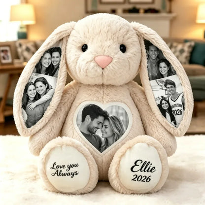 Multi-Print Plush Bunny With Love You Always Photo Collage, Cozy Bedroom Keepsake, Unique Creative Gift for Partner
