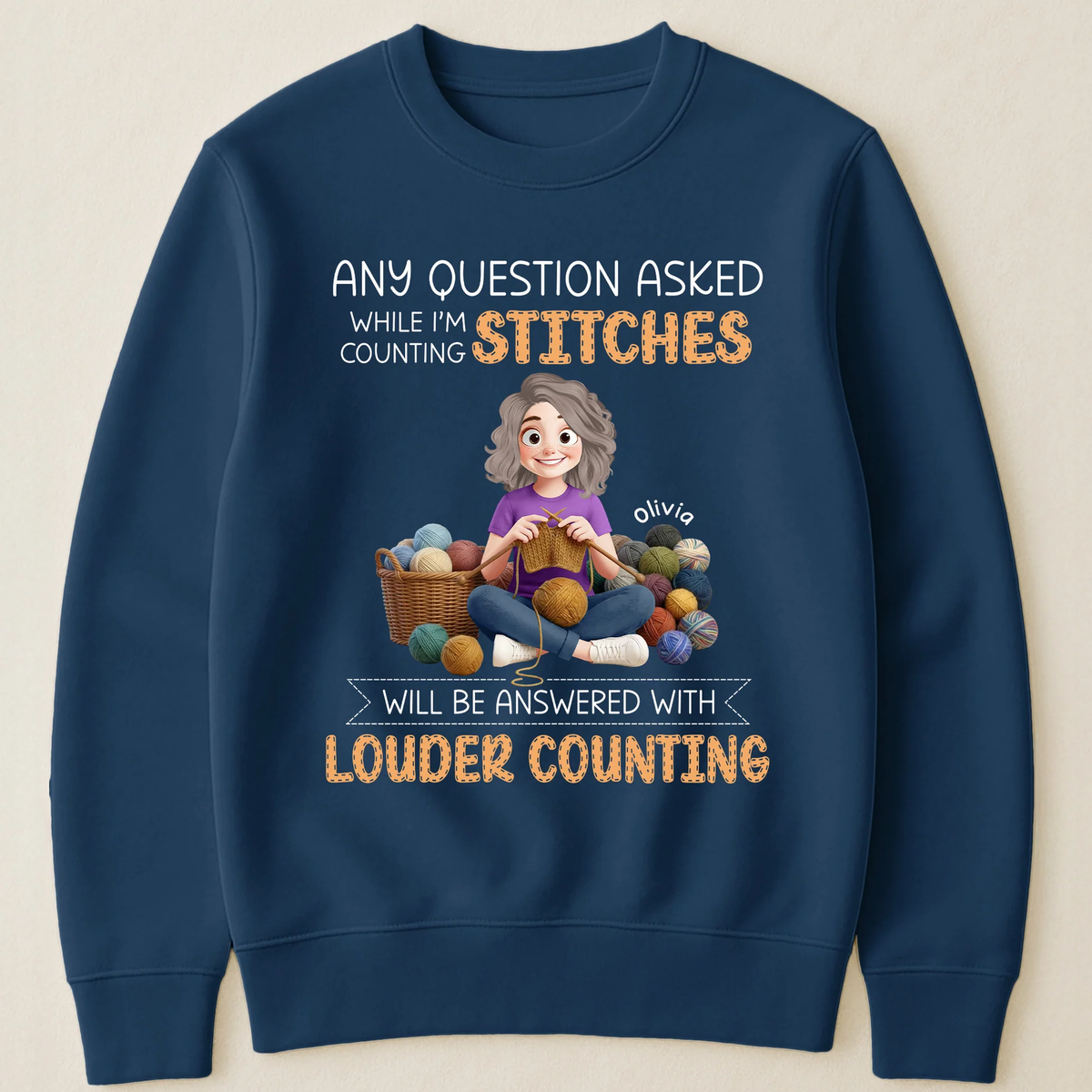 Classic Tee for Knitters, Funny Counting Stitches Quote with Cozy Yarn Girl Illustration, Personalized Gift