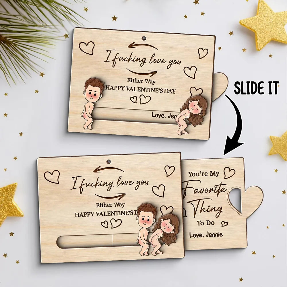 Personalized Wooden Sliding Ornament Funny Couple Cartoon Valentine's Gift for Him or Her - I fucking love you