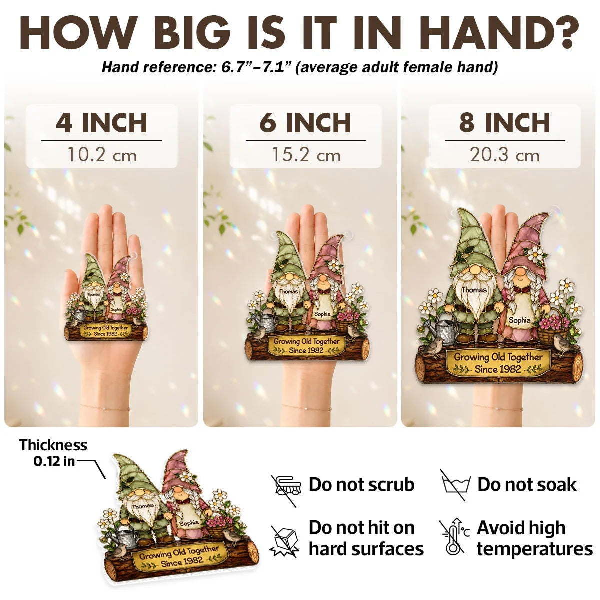 Personalized Acrylic Suncatcher Ornament, Holding Hands Gnome Couple in a Floral Garden, Unique Anniversary Gift