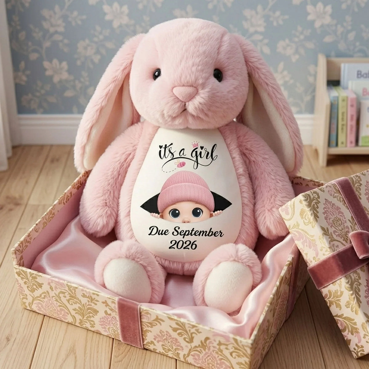 Personalized Plush Bunny Baby Announcement Gift, Pink It's a Girl Design, Unique Surprise Gift for Grandma & Grandpa