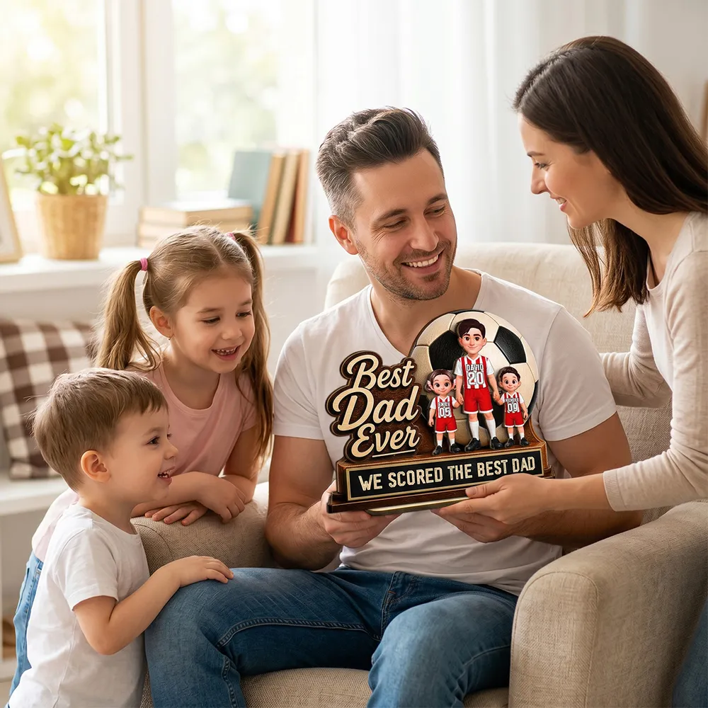 Best Dad Ever 2-Layer Wooden Plaque with Soccer Ball & Kids, Creative Gift for Dad