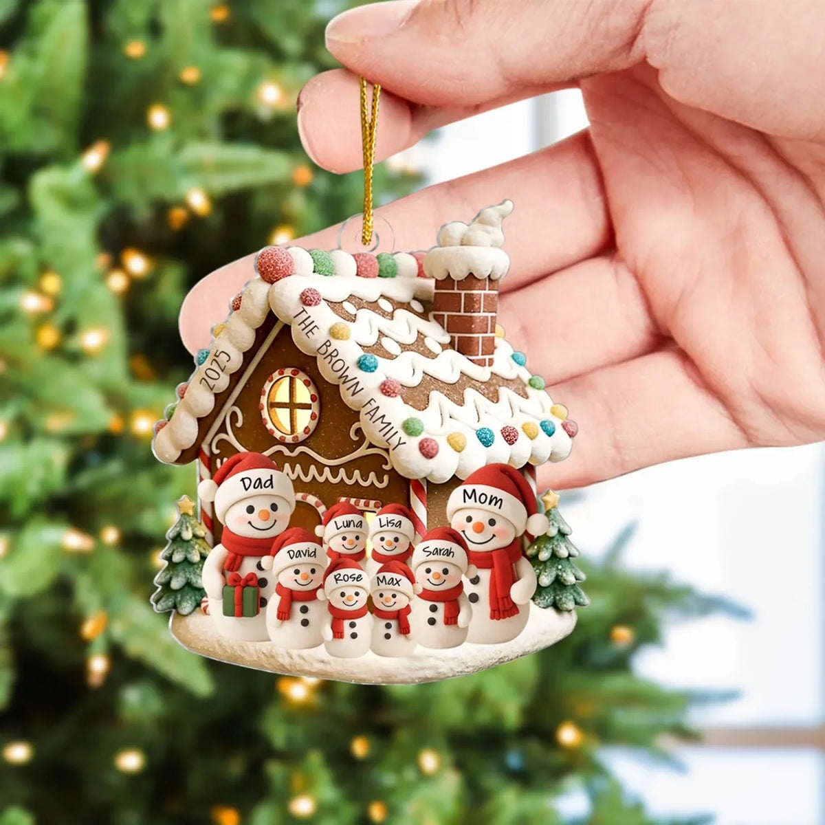 Personalized Acrylic Ornament, Snowman Family by a Gingerbread House, Unique Christmas Gift for Family