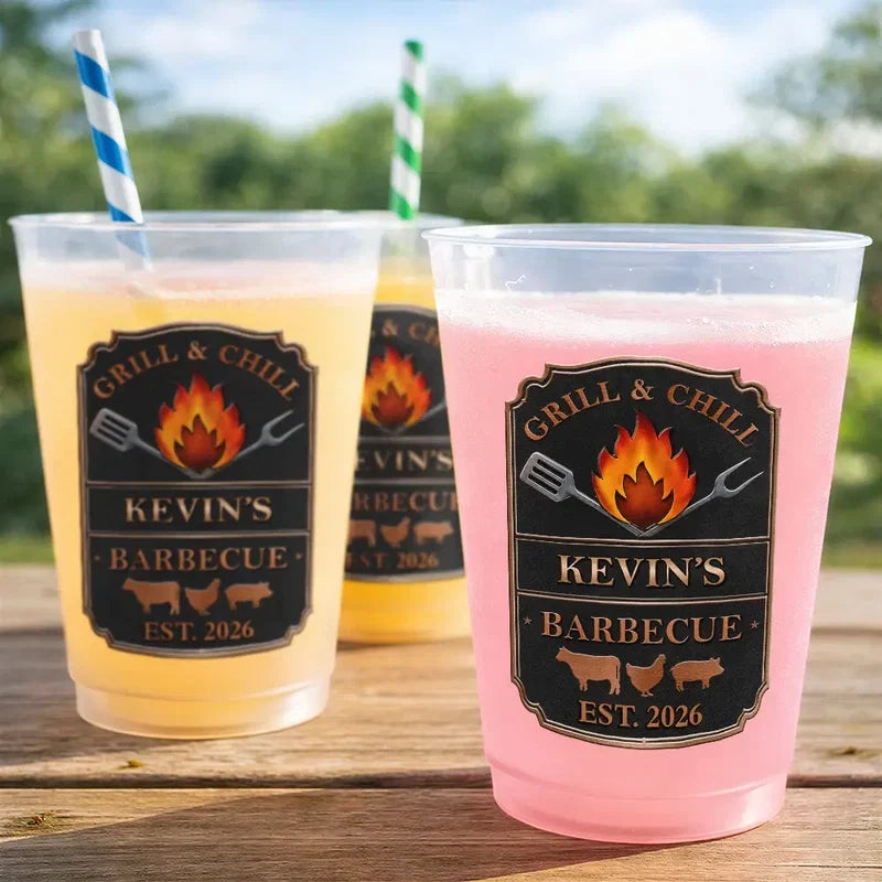 Personalized Frosted Plastic Cup, Vintage Grill & Chill Art for Backyard Barbecues, Unique Gift for Grill Lovers