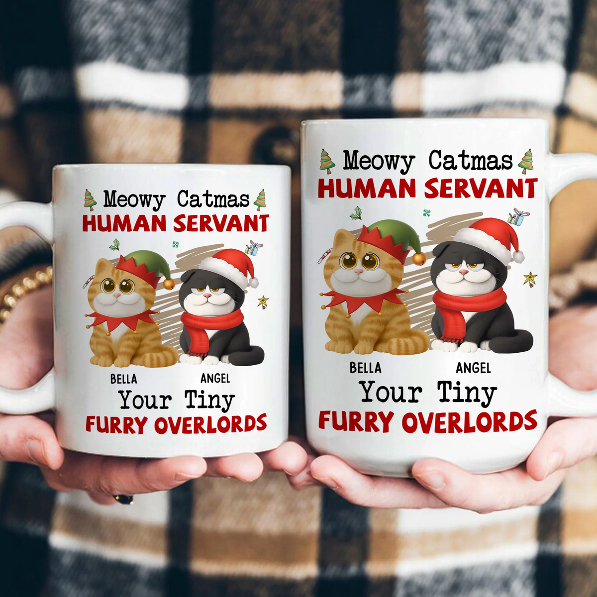 Personalized White Ceramic Mug for Cat Lovers – Meowy Catmas Tiny Furry Overlords Design – Funny Custom Gift for Your Human Servant
