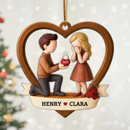 Personalized Couple Proposal Acrylic Ornament, Kneeling Engagement Moment in Heart Frame, Unique Romantic Gift