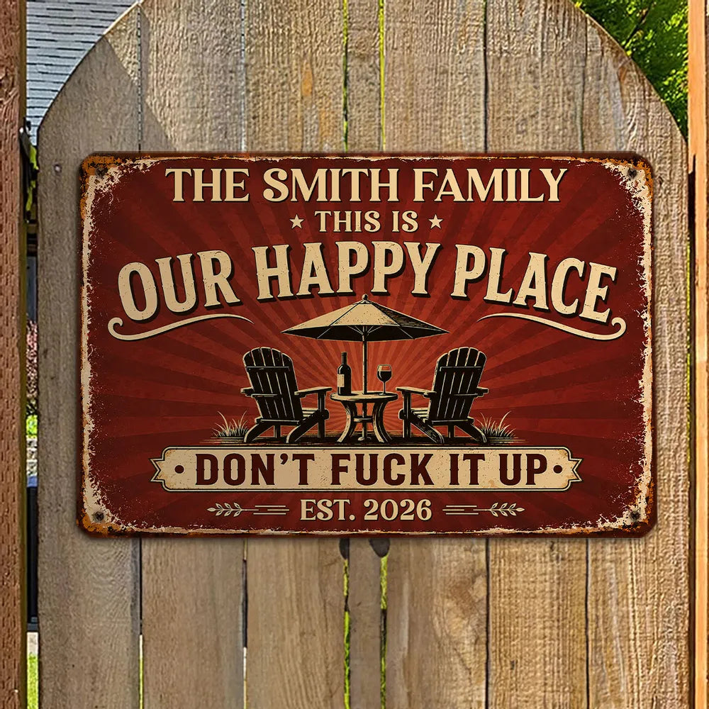Custom Happy Place Rectangular Iron Sign, Personalized Backyard Decor, Unique Gift for Family