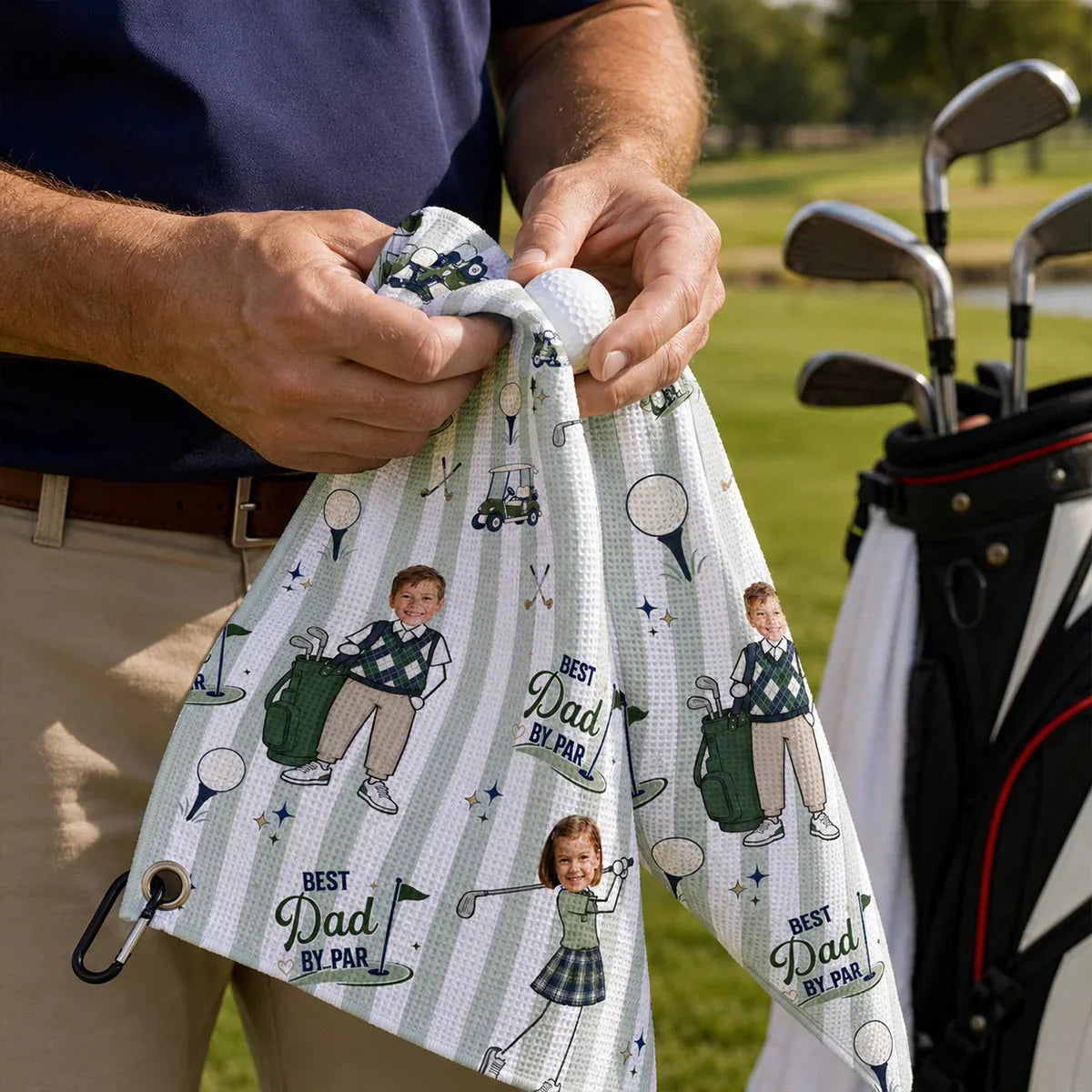 Custom Waffle Weave Golf Towel with Family Golf Art, Creative Gift for Dad's Golf Bag