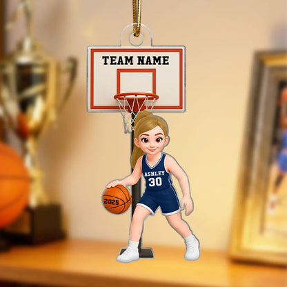 Acrylic Ornament, Cute Basketball Girl Dribbling on Indoor Court, Personalized, Creative Gift for Daughter, Player, or Coach