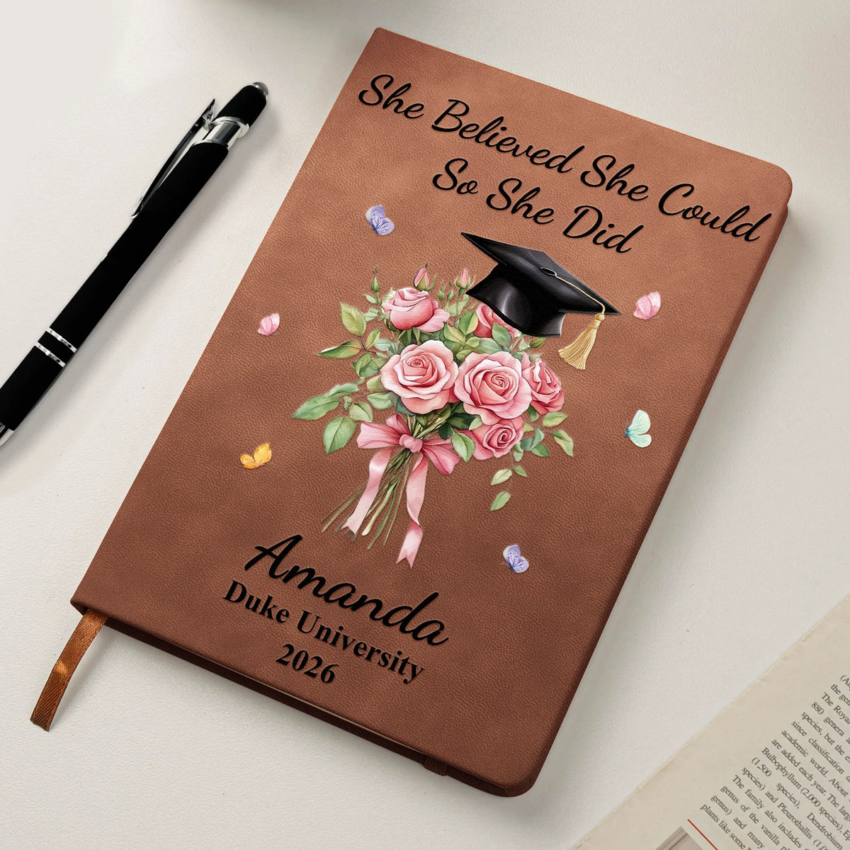 Floral Bouquet and Grad Cap Leather Journal, Personalized Keepsake Notebook, Encouraging Gift for Graduate