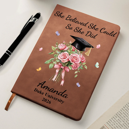 Floral Bouquet and Grad Cap Leather Journal, Personalized Keepsake Notebook, Encouraging Gift for Graduate