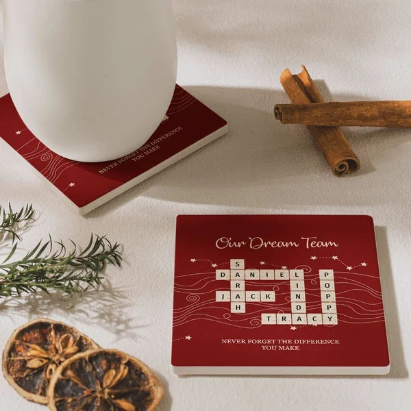Personalized Round Ceramic Coaster with Team Crossword Design, Unique Coworker Gift for Office Desks
