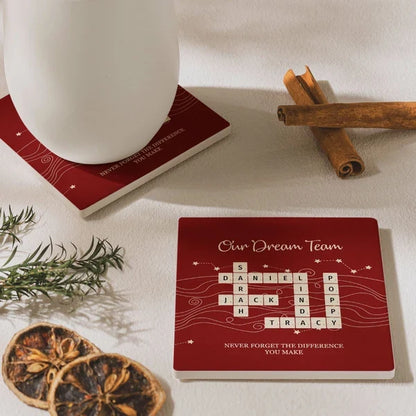 Personalized Round Ceramic Coaster with Team Crossword Design, Unique Coworker Gift for Office Desks