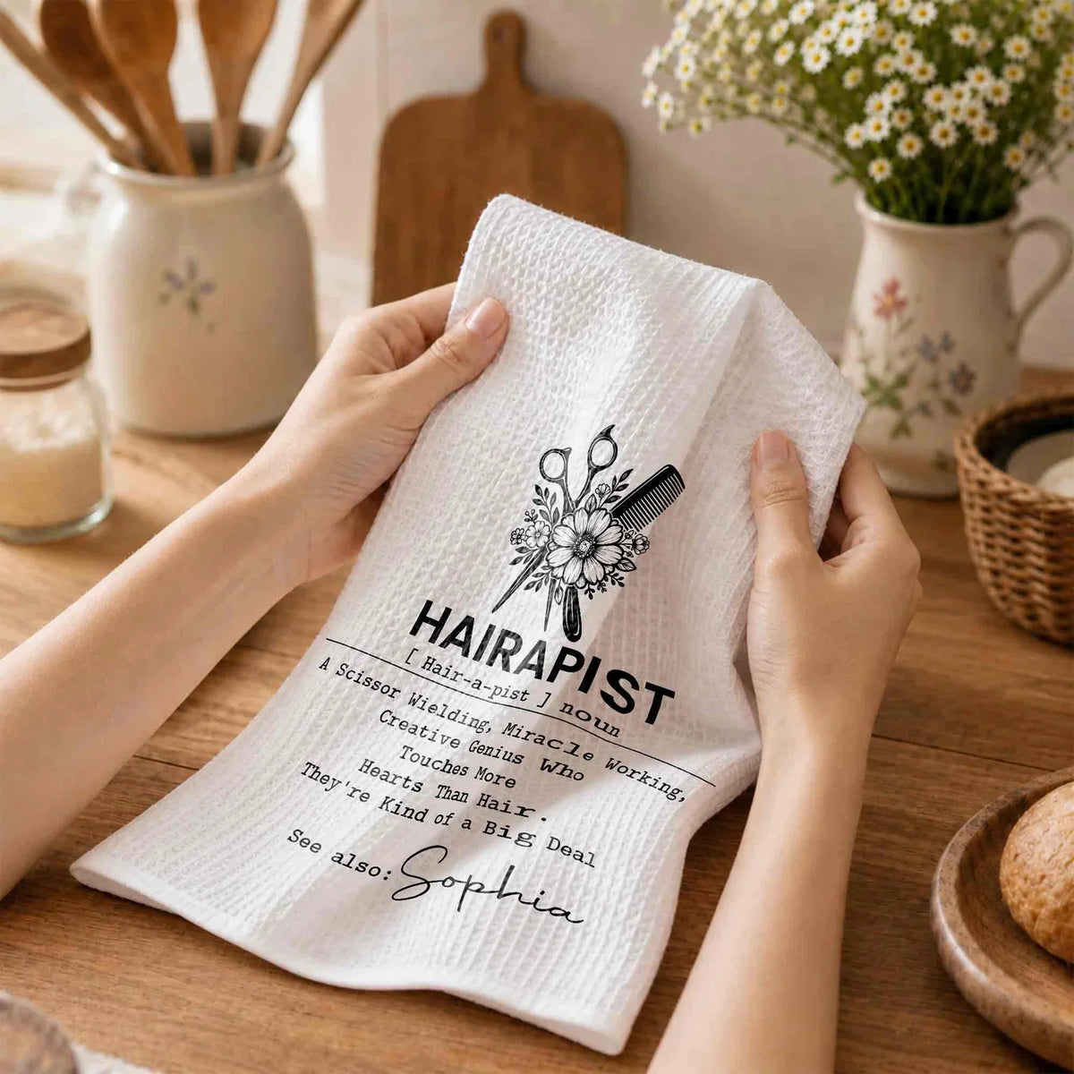 Hairapist Personalized Kitchen Towel, Monochrome Salon Art, Creative Appreciation Gift for Hair Stylist