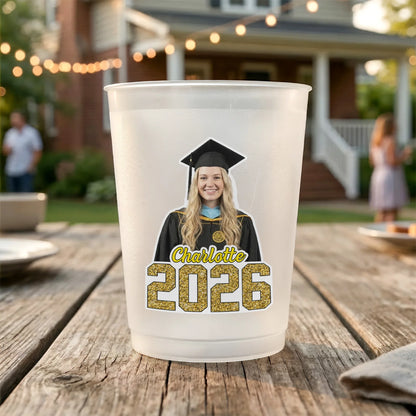 Custom Face Graduation Frosted Plastic Cup, Cap and Gown Design, A Fun Keepsake Gift for a Graduate