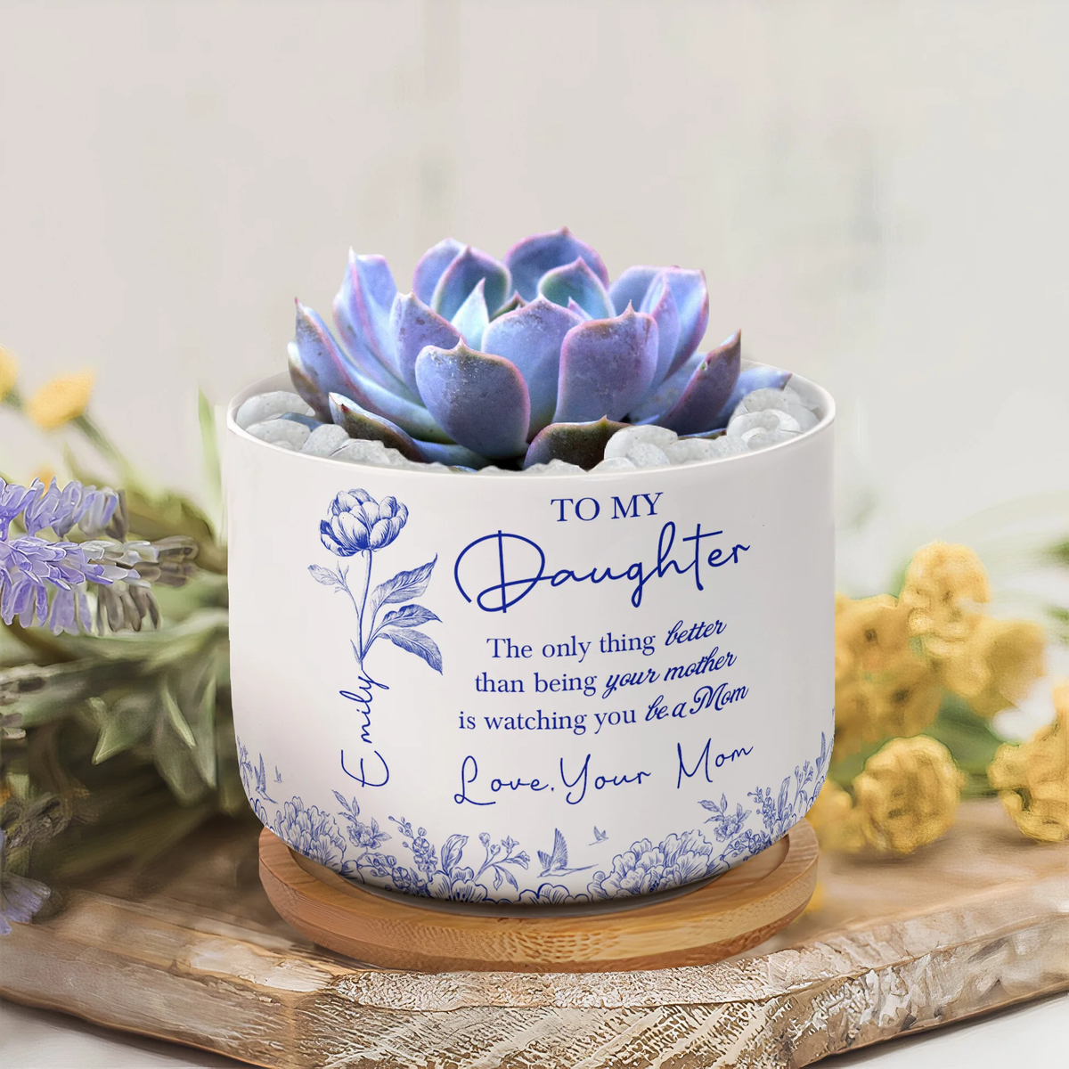 Ceramic Planter with Tray, To My Daughter Love Mom Quote, Blue Botanical Calming Decor, Unique Personalized Gift