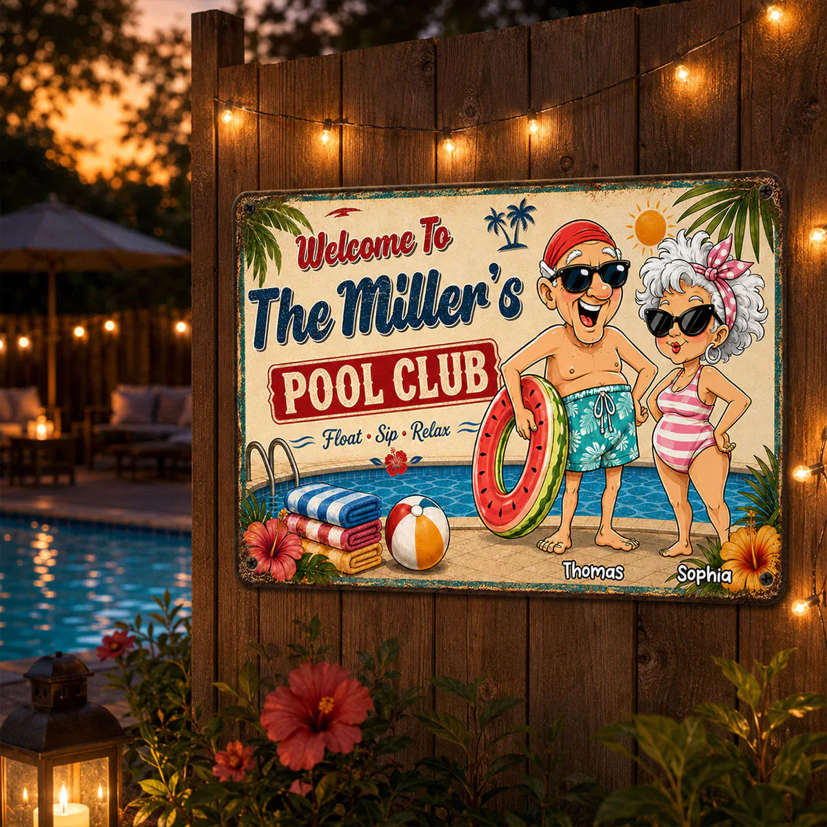 Personalized Rectangular Iron Sign, Poolside Couple Cartoon, Creative Gift for Pool Loving Couples