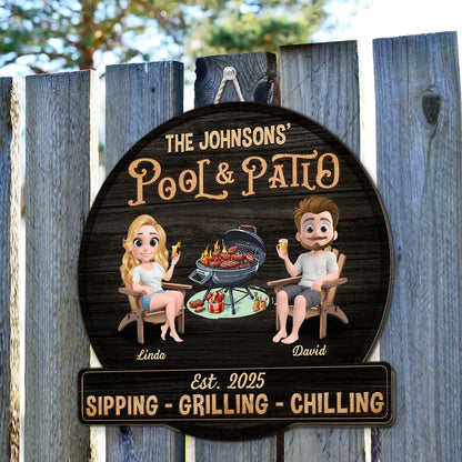 Personalized Pool & Patio Wooden Sign with Cute Couple Cartoon and Grill Scene, Unique Backyard Decor Gift