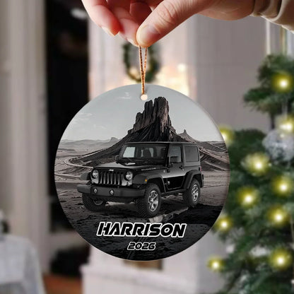 Personalized Ceramic Ornament with Red Off-Road Car on Desert Road, Unique Christmas Gift for Car Enthusiasts